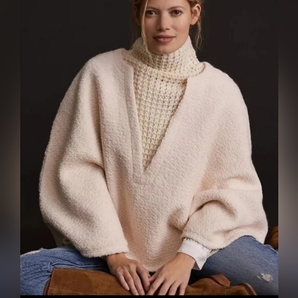 Anthropologie Jackets & Blazers - Anthropologie OS Cottagecore Cozy Cream Knit Poncho Cape Chunky Mock Neck